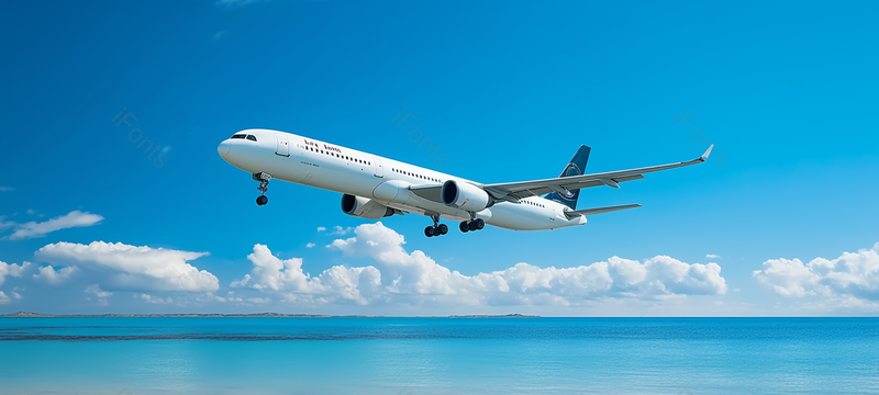 商业飞机在蓝天和海滩的背景下飞行,高清,摄影图,摄影图片,图片大全,摄影图免费下载